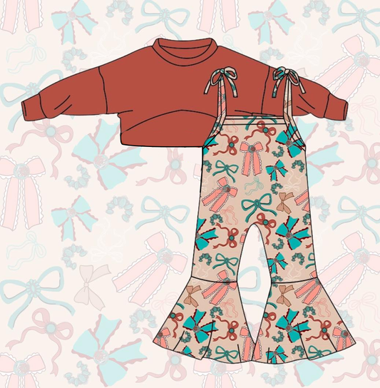 GLP3271 Baby Girls Red Top With Bow Print Junpsuit Set Preorder