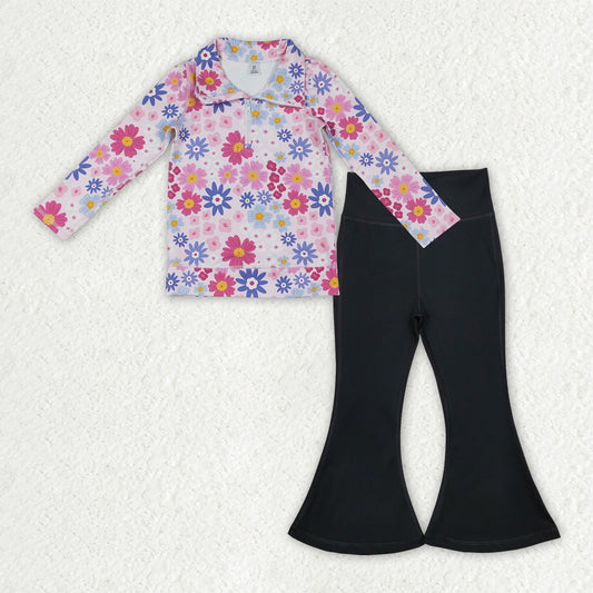 GLP3275 Baby Girls Floral Pullover Top With Black Pants Active Set