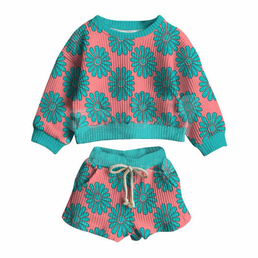 GLS0065 Baby girls Turquoise print long sleeve top with shorts preorder