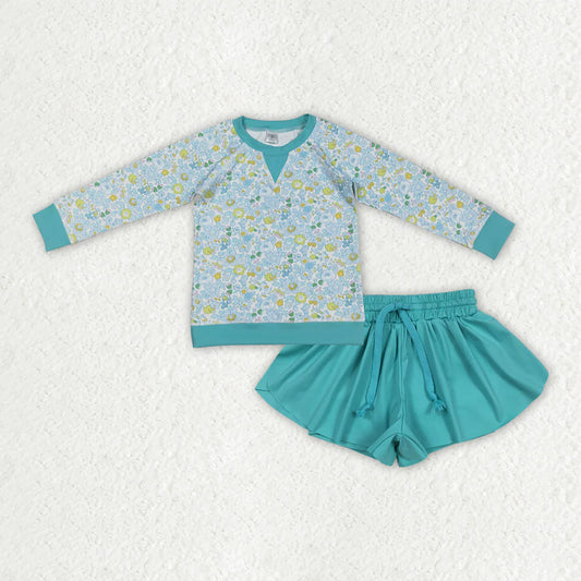 Baby Girls Blue Floral Long Sleeve Top With  Ruffle Shorts Active Outfit