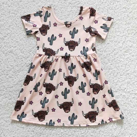 Spring Summer Girls Highland Cow Cactus Flutter Sleeve Dress