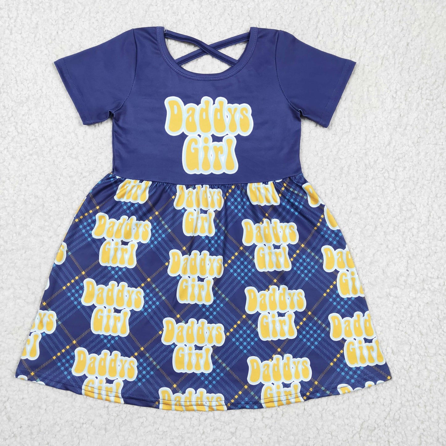 Baby Girls Hot Blue Short Sleeves Yellow Daddys Girl Print Plaid Dresses