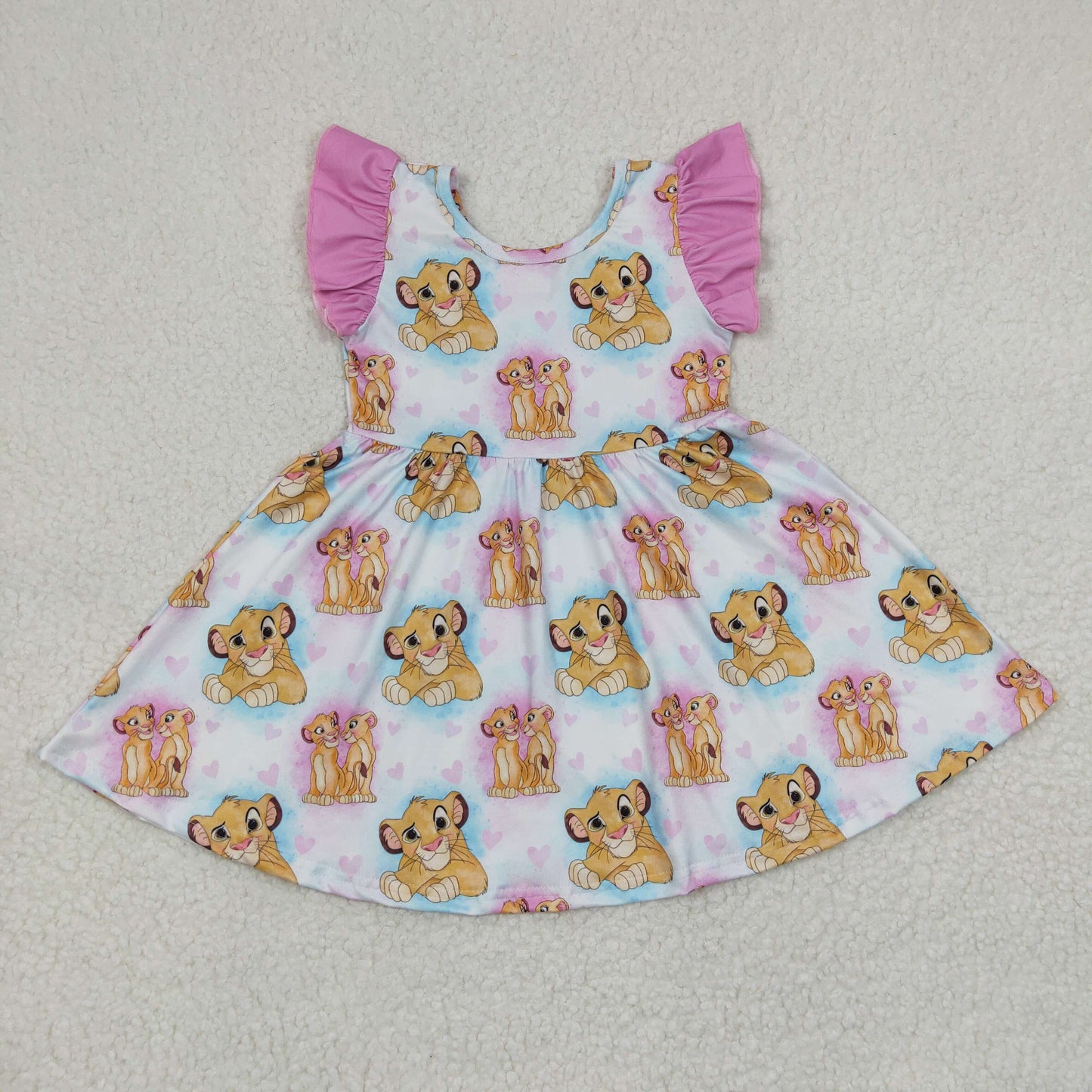 Baby Girls Pink Flutter Sleeves Hearts Cartoon Animals Print Valentines Dresses