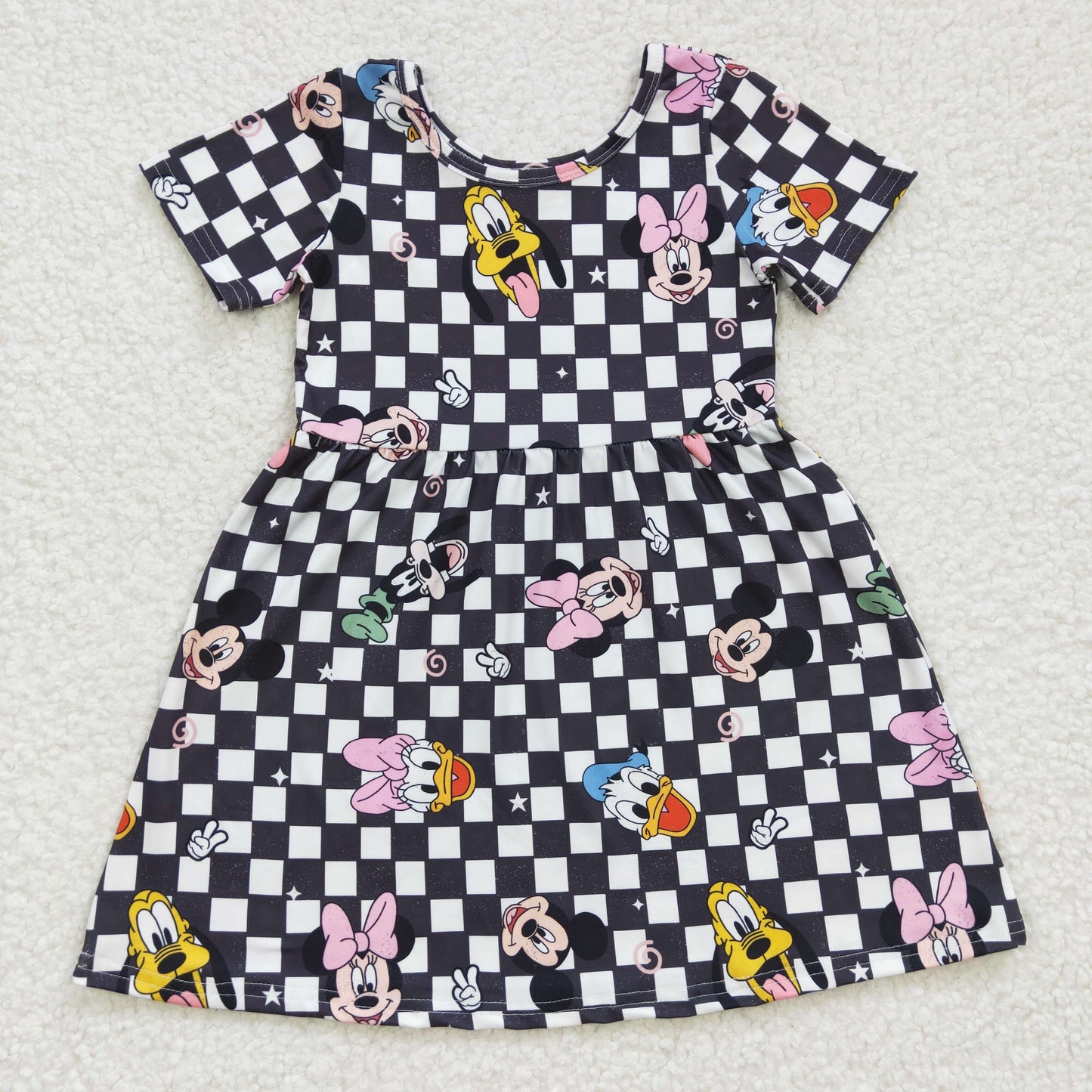 Baby Girls Black Plaid Short Sleeves Cartoon Mouse Print Dresses