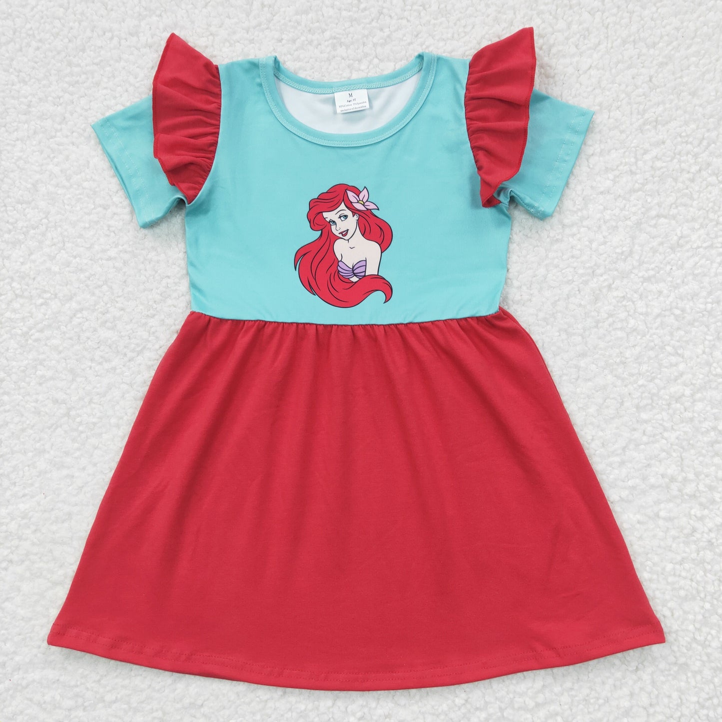 Baby Girls Aqua Short Red Flutter Sleeves Mermaid Print Dresses