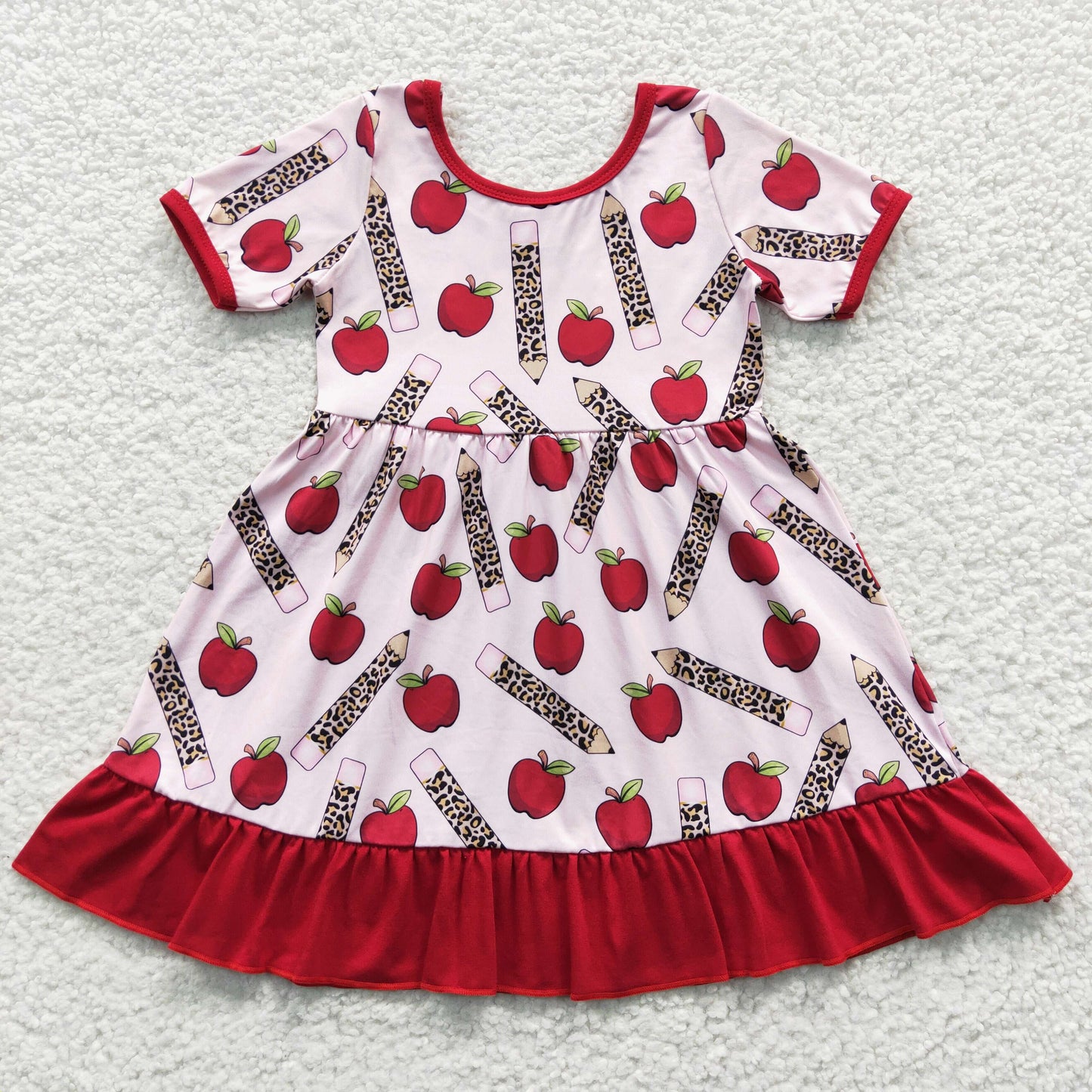 Baby Girls Pink Short Sleeves Apples Leopard Pencils Ruffle Dresses
