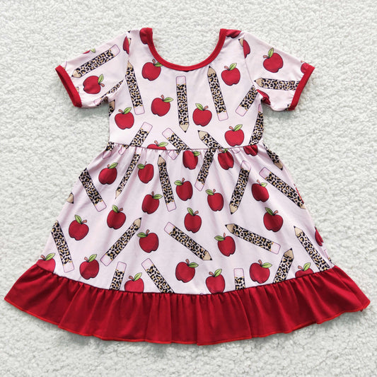 Baby Girls Pink Short Sleeves Apples Leopard Pencils Ruffle Dresses