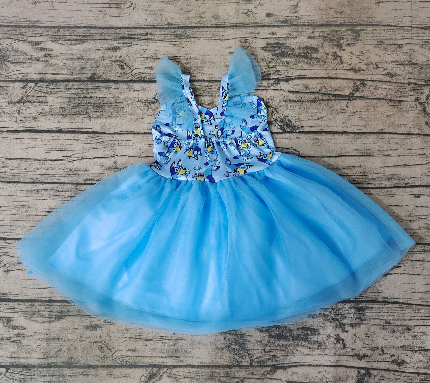 Girls Blue Tulle Dress Cute Cartoon Blue Dog Summer Dresses