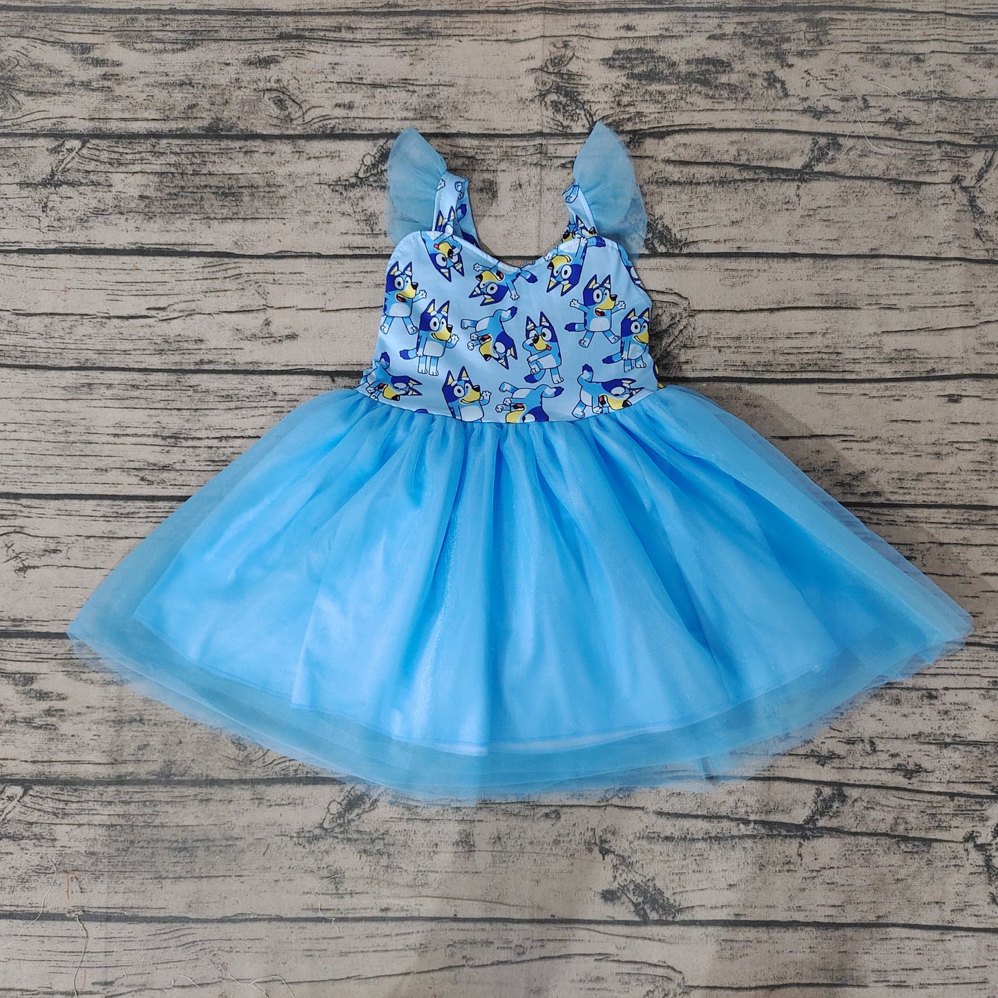 Girls Blue Tulle Dress Cute Cartoon Blue Dog Summer Dresses