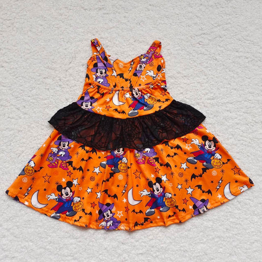 Halloween Cartoon Mouse Baby Girls Dress With Lace Ruffle