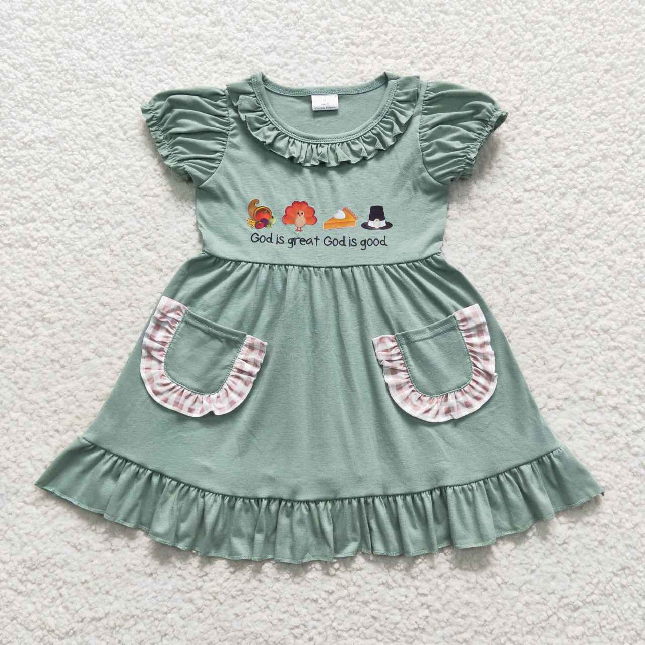 GSD0481 Kids Girls Thanksgiving Day Turkey Short Sleeve Dress