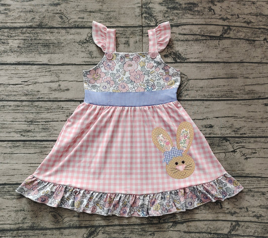 Baby Girls Pink Plaid Flutter Sleeves Embroidery Bunny Floral Easter Dress Preorder