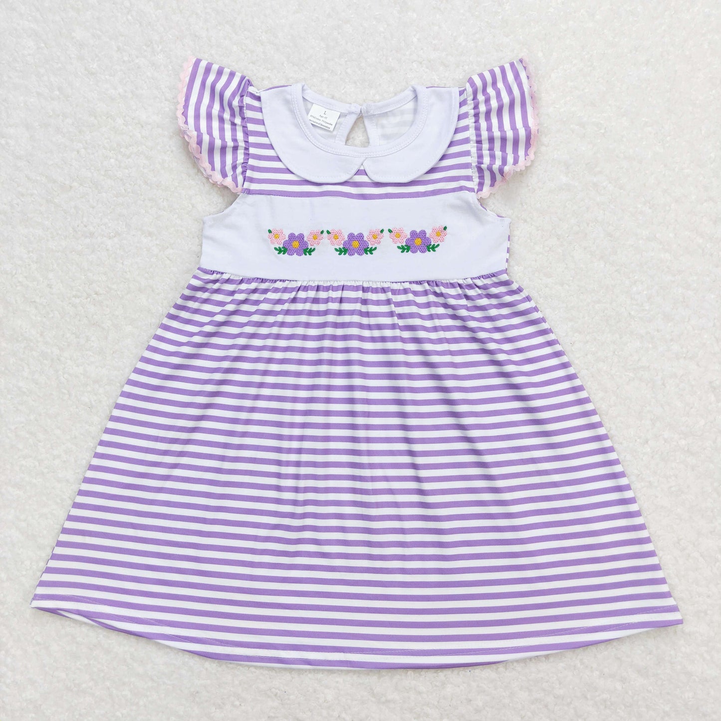 Sibling Sister Baby Girls Summer Embroidery Flower Purple Striped Dress and Romper