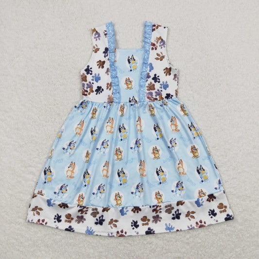 Kid Girls Summer Blue Carton Dog Sleeveless Dress