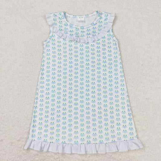 Baby Girls Sleeveless Aqua Crabs Plaid Print Western Ruffle Dresses
