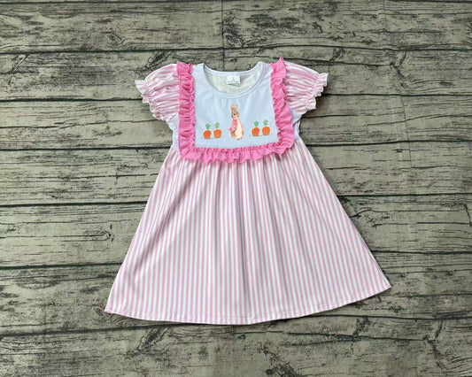 Toddler Girls Easter Embroidery Bunny  Pink  Striped Short Sleeve Dress Preorder