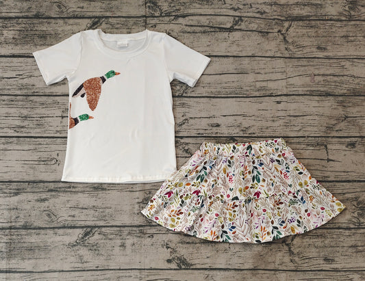 Baby Girls White Short Sleeves Ducks Print Top Floral Print Skirts Set Preorder