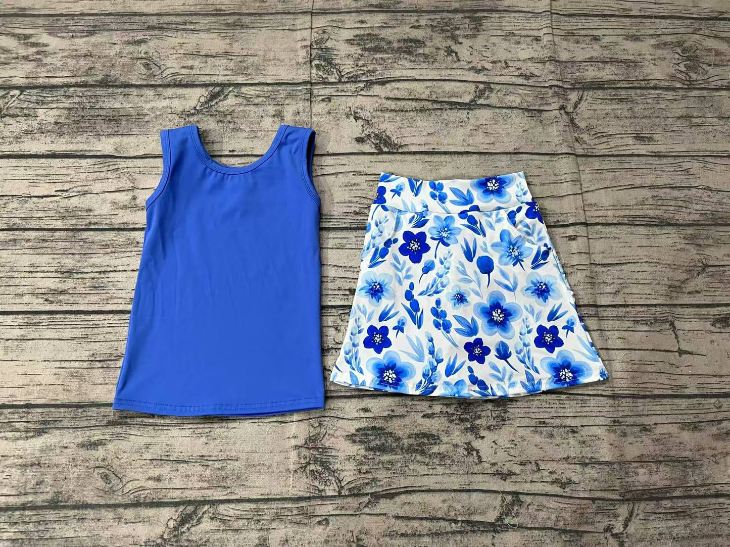 Baby Girls Blue Sleeveless Vest Floral Pockets Skirt With Short Set Preorder