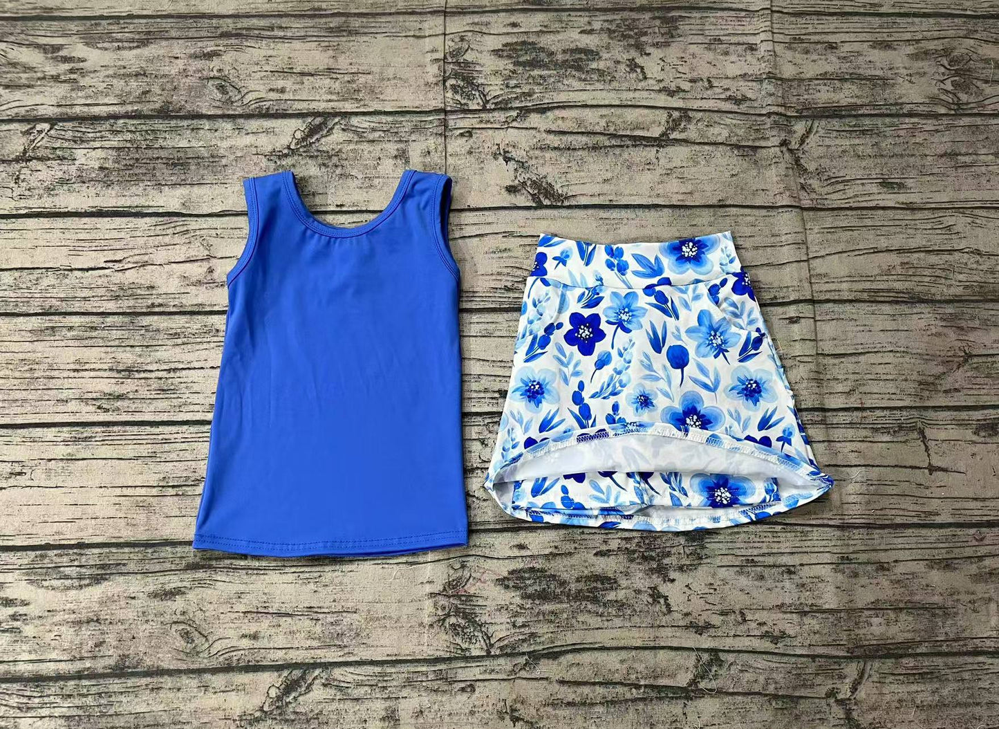 Baby Girls Blue Sleeveless Vest Floral Pockets Skirt With Short Set Preorder