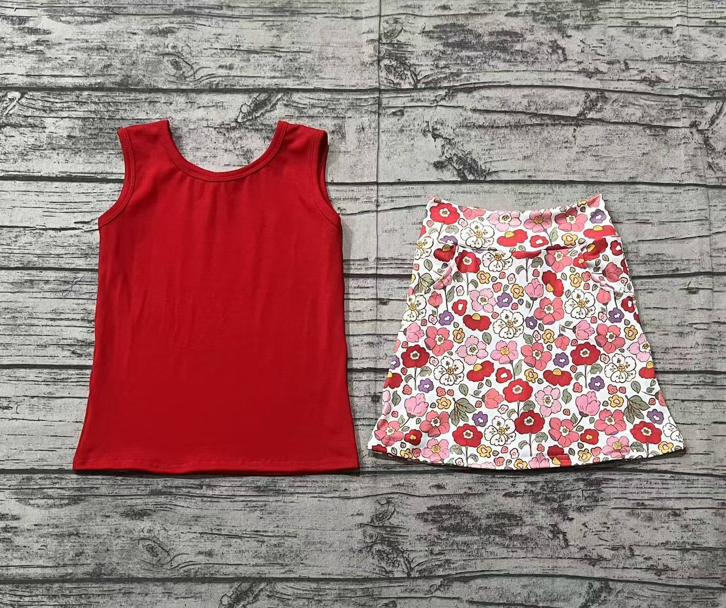 Baby Girls Red Sleeveless Vest Top Skirts With Shorts Yoga Set Preorder