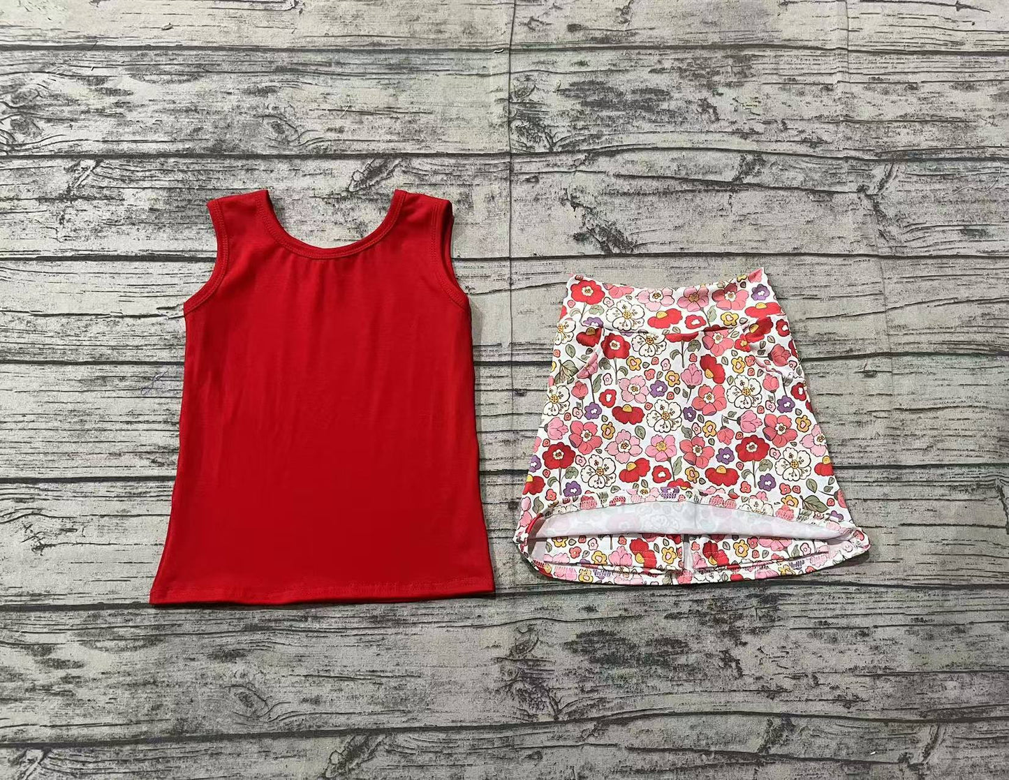 Baby Girls Red Sleeveless Vest Top Skirts With Shorts Yoga Set Preorder