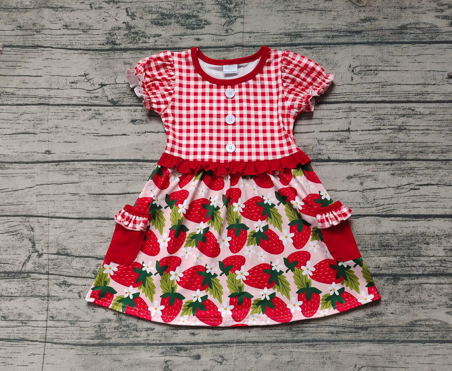 Baby Girls Red Plaid Short Ruffle Sleeves Button Down Strawberry Pockets Dresses Preorder