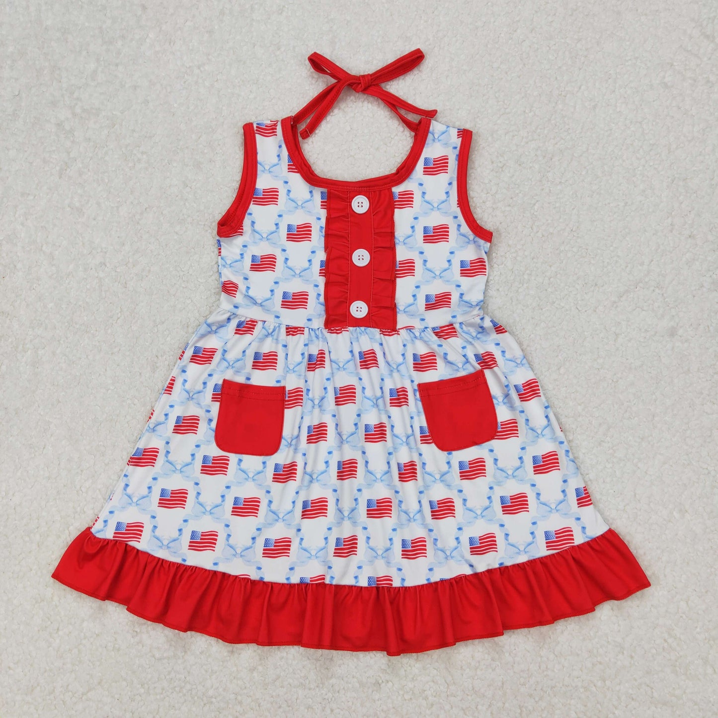 4th of July Patriotic Sibling Clothing Flag Blue Bow Dress Romper