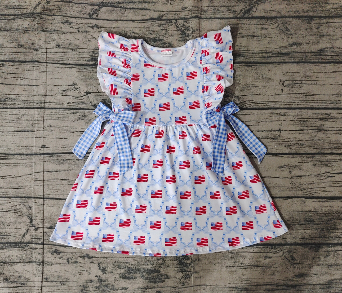 Toddler Girls American Flag Blue Bows 4th Of July Dress Preorder