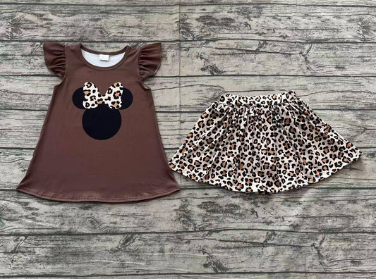 Baby Girls Brown Flutter Sleeves Mouse Top Leopard Skirt With Short Preorder