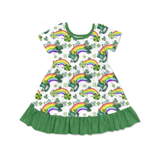 Baby Girls Green Short Sleeves Rainbows Clovers Print St Patrick Dress Preorder