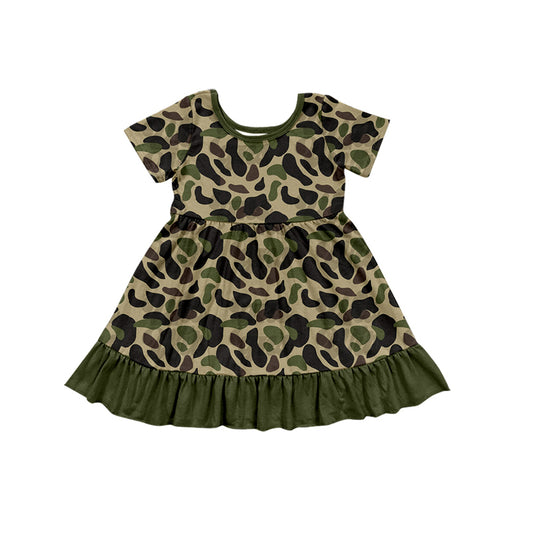 Baby Girls Olive Short Sleeves Camo Print Ruffle Dress Preorder