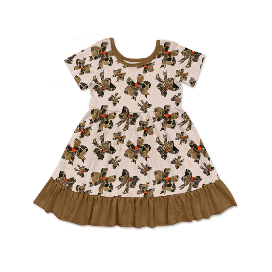 Baby Girls Khaki Short Sleeves Bows Print Valentines Dress Preorder