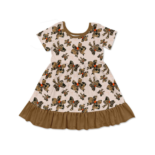 Baby Girls Khaki Short Sleeves Bows Print Valentines Dress Preorder