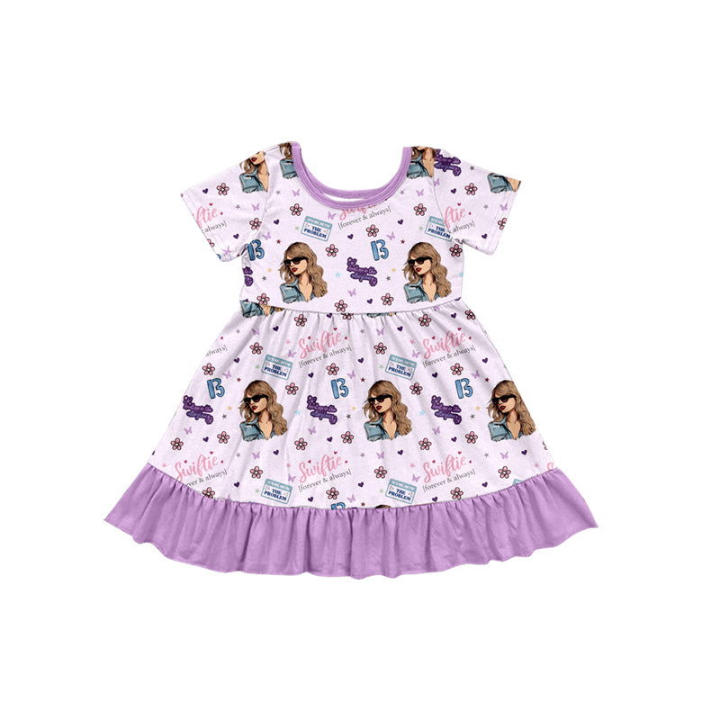 Baby Girls Lavender Short Sleeves Singer Print Ruffle Dress Preorder