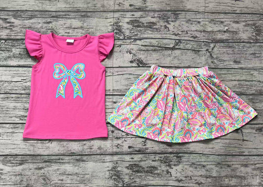 Baby Girls Hot Pink Flutter Sleeves Embroidery Bow Top Watercolor Floral Skirt With Shorts Set Preorder