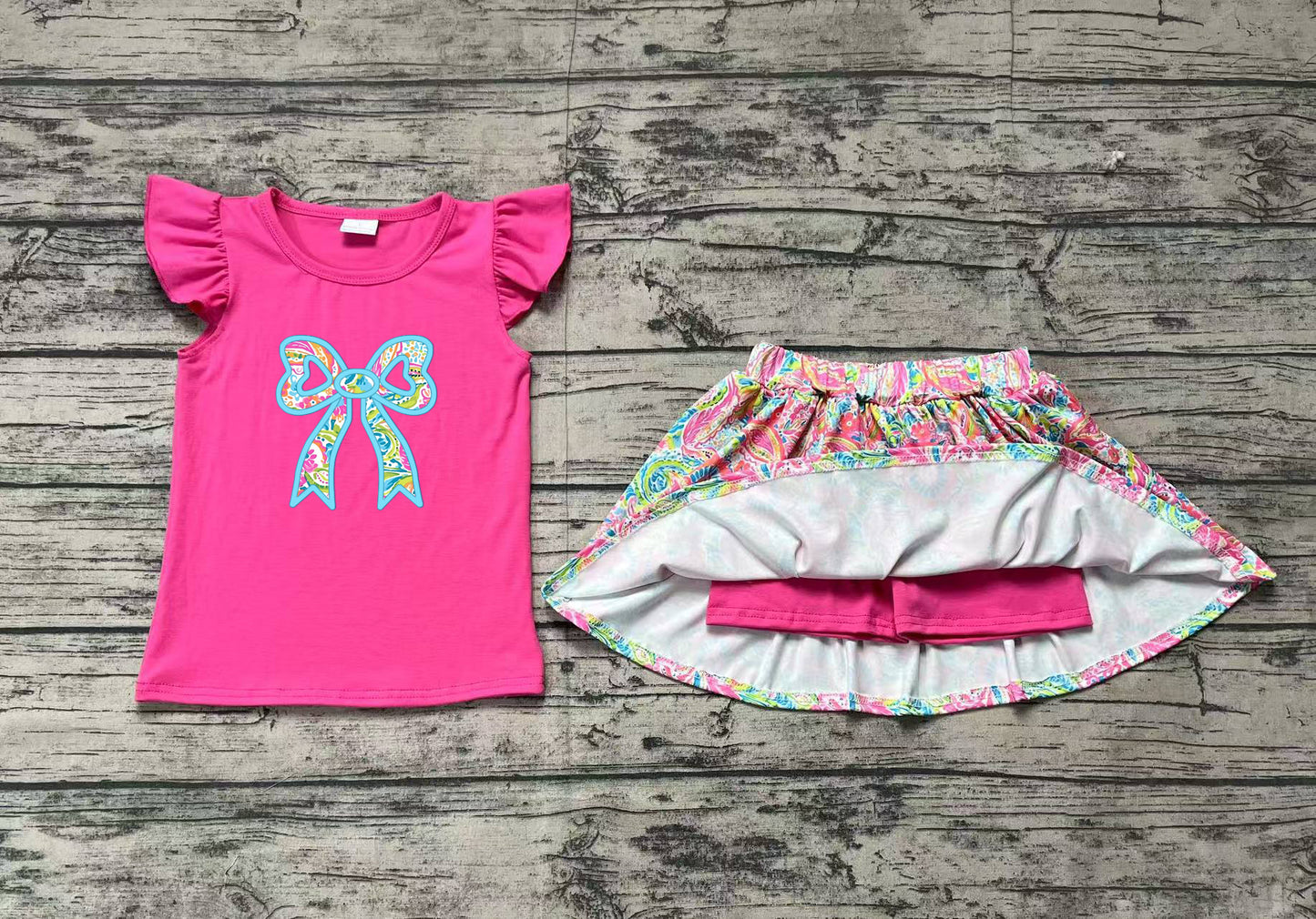 Baby Girls Hot Pink Flutter Sleeves Embroidery Bow Top Watercolor Floral Skirt With Shorts Set Preorder