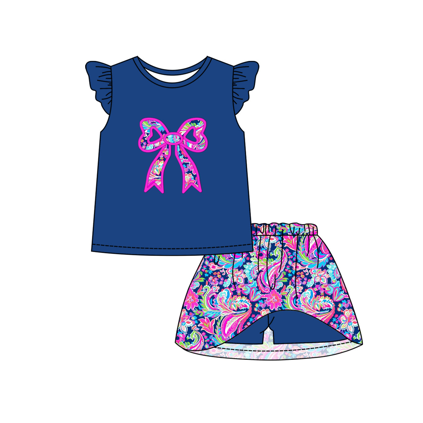 Baby Girls Navy Flutter Sleeves Bow Top Watercolor Floral Skirt With Shorts Set Preorder