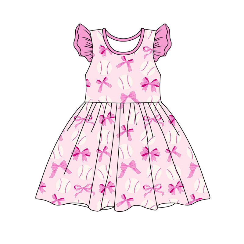 Baby Girls Pink Flutter Sleeves Bows Baseballs Print Valentines Dress Preorder