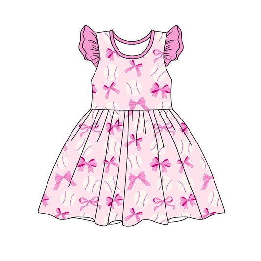 Baby Girls Pink Flutter Sleeves Bows Baseballs Print Valentines Dress Preorder