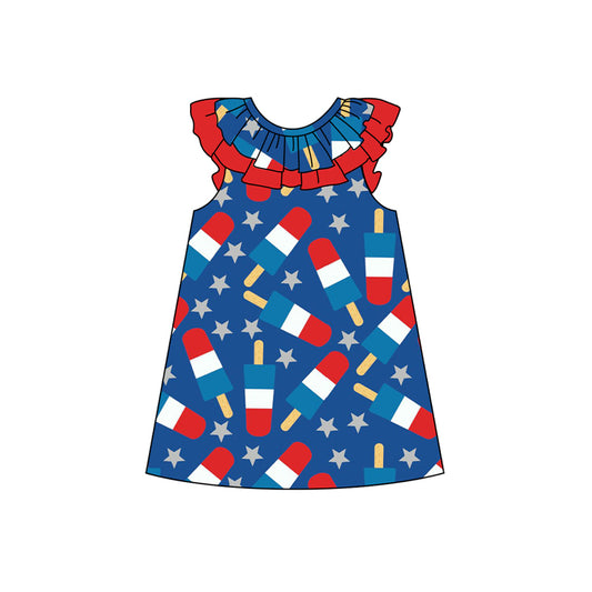 Baby Girls Red Flutter Sleeves Stars Popscile Print 4th Of July Dress Preorder