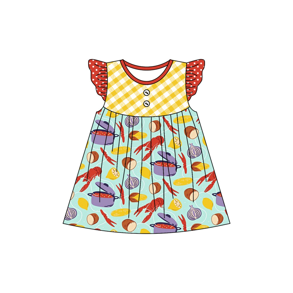 Baby Girls Red Polka Dots Flutter Sleeves Crayfisher Corn Print Mardi Gras Dress Preorder