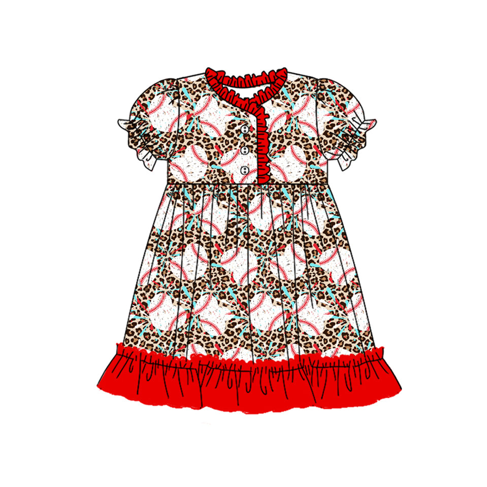 Baby Girls Red Short Ruffle Sleeves Button Down Leopard Heart Baseballs Print Dress Preorder