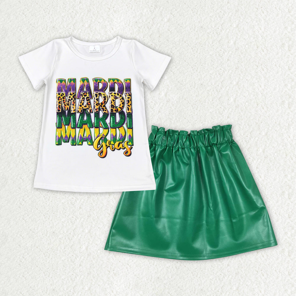 Baby Girls Peach Short Sleeves Camo Top Green Leather Skirt Mardi Gras Set