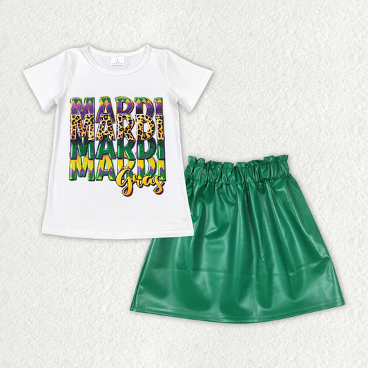 Baby Girls Peach Short Sleeves Camo Top Green Leather Skirt Mardi Gras Set