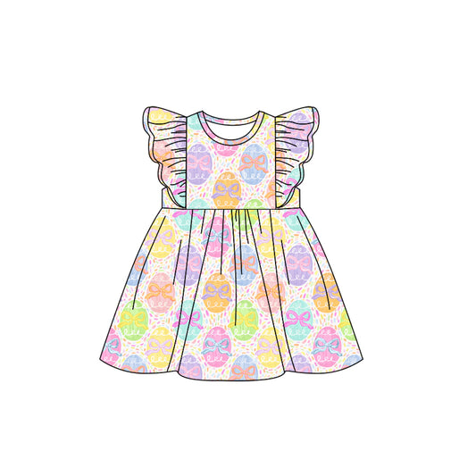 Baby Girls Flutter Sleeves Eggs Bows Print Easter Dress Preorder