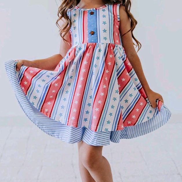 Baby Girls Sleeveless Button Down Stars Stripe Print 4th Of July Dress Preorder