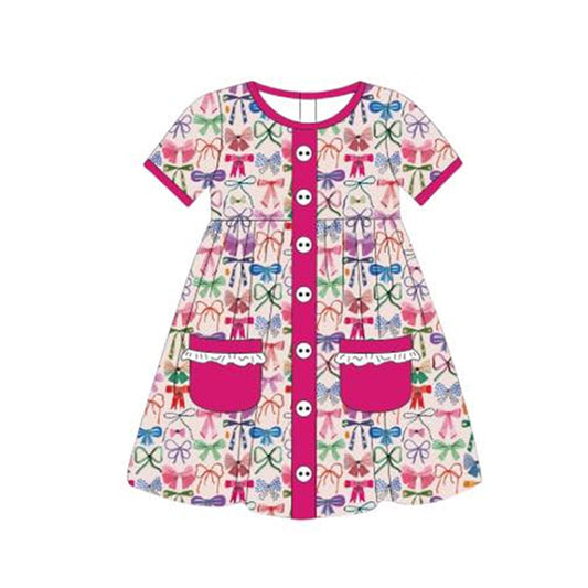 Baby Girls Pink Short Ruffle Sleeves Button Down Pockets Bows Print Valentines Dress Preorder