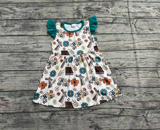 Baby Girls Blue Flutter Sleeves Floral CHILD OF GOD Ruffle Easter Dresses Preorder