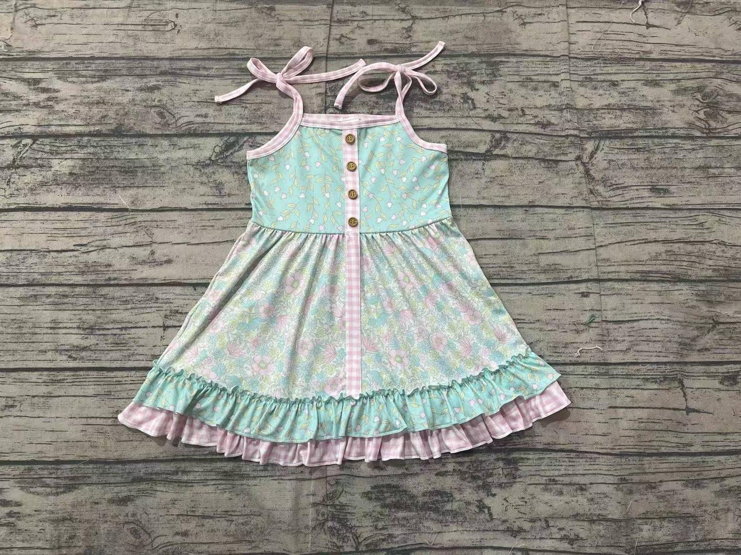 Baby Girls Pink Plaid Strap Floral Print Button Down Dresses Preorder