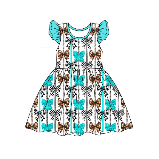 Baby Girls Blue Flutter Sleeves Stripe Bows Print Valentines Dresses Preorder